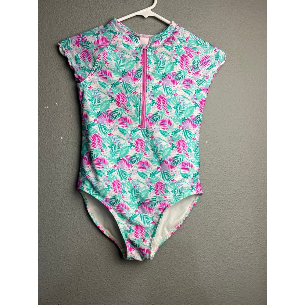 More Than Magic Girls Tropical Palm Print Quarter Zip One Piece Swimsuit L 10/12